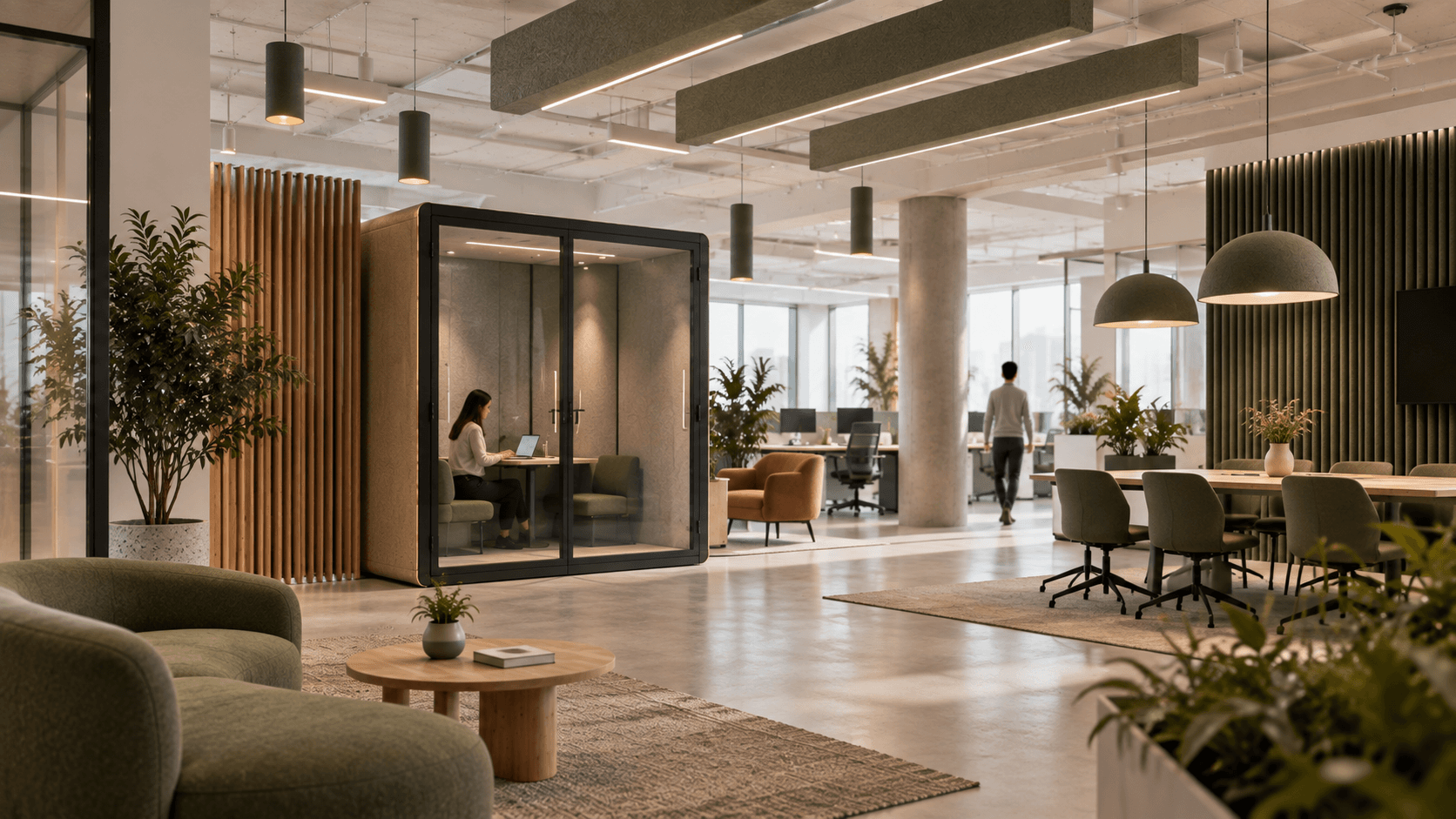 Oficina contemporánea con cabina acústica y soluciones suspendidas